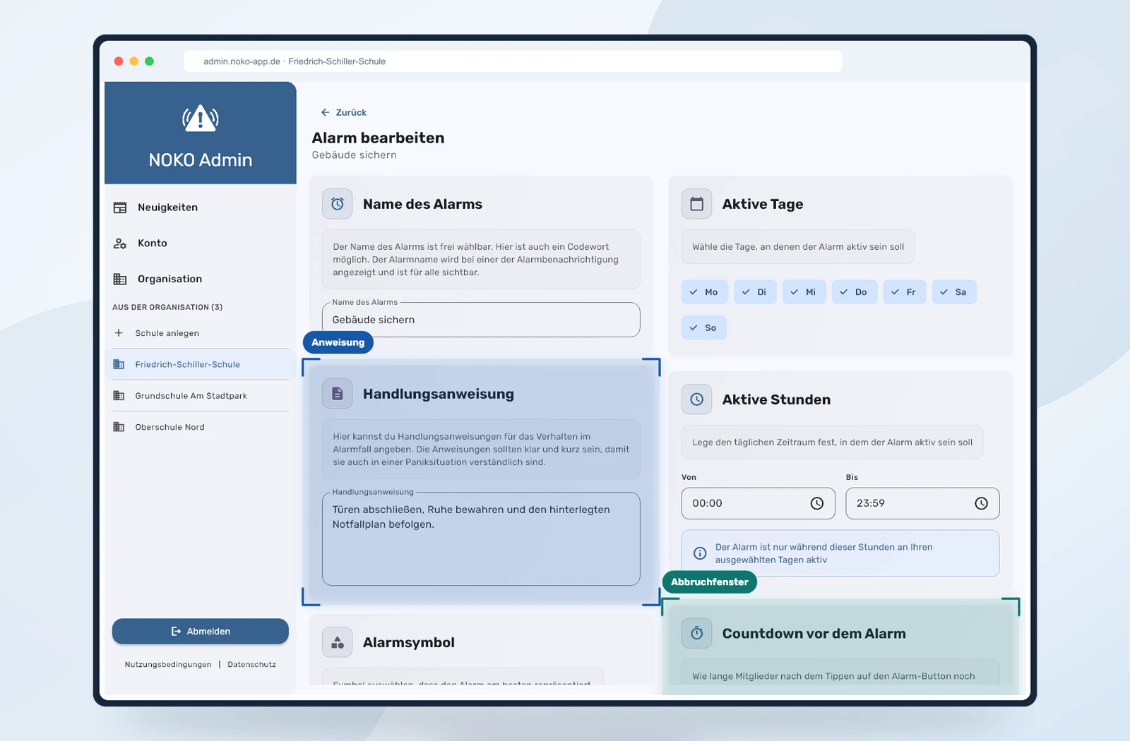 NOKO Admin Panel mit Einstellungen für Alarmarten, Zeiträume und Handlungsanweisungen