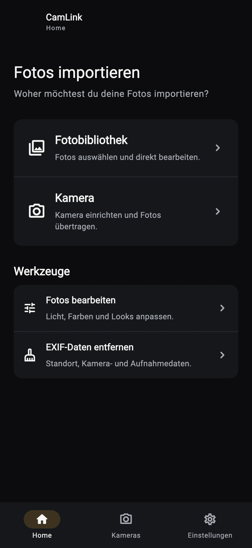 CamLink: Originalansicht für Fotoimport und Bildwerkzeuge