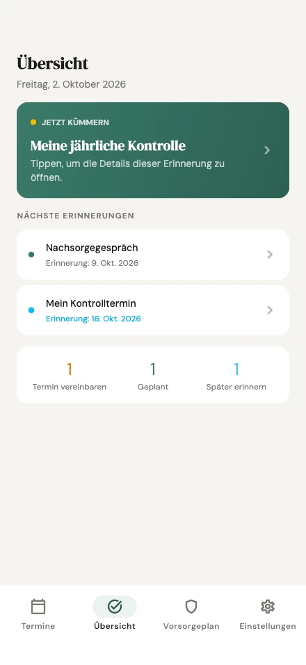 CheckUp-Buddy: Originalansicht der Vorsorgeübersicht mit Beispieldaten